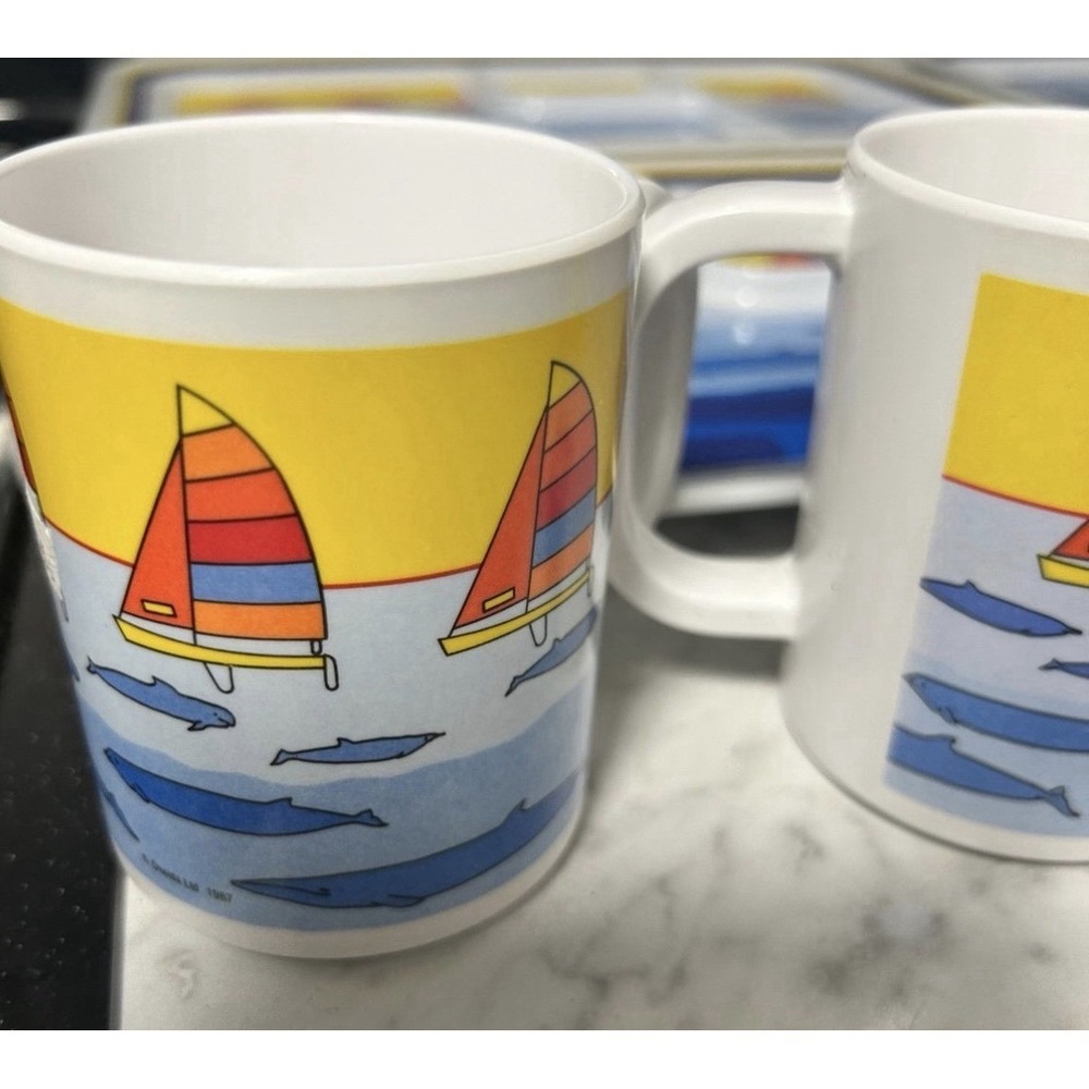 ONEIDA Melamine Divided Lunch Trays & Mugs Vintage 1987 Set of 8 Sailboat Whale - Picture 4 of 6